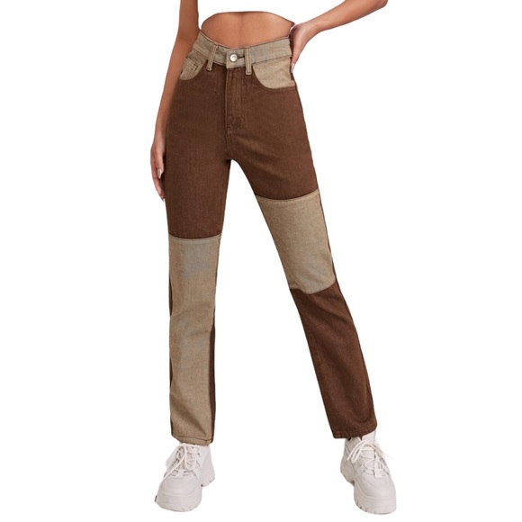 NWT SHEIN Brown Color Block Patch Jeans Size 2 Extra Small - Picture 3 of 9